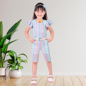 Multi Color Frill Sleeve Striped Coord Set With Belt-18 (1-2 years)