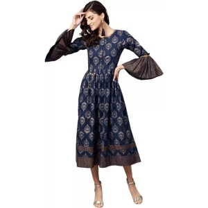Navy Blue & Golden Ethnic Motifs Printed Cotton Ethnic Fit & Flare Midi Dress For Women-Large