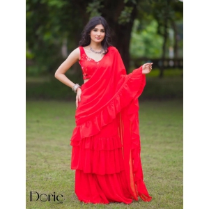 Red Georgette Pre Draped Saree by Dorie