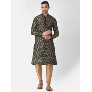 AHBABI Men's Printed Dupion Silk Kurta Pyjama Set Black-Golden-S