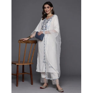 White Party Wear Embroidery Worked Kurta With Pant And Duppata Set-XXL-44