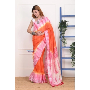 EXCLUSIVE! Handmade Tie and Dye Cotton Orange Lehriya Saree By Women Weavers