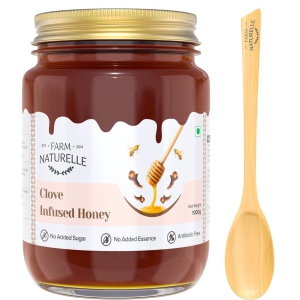 Farm Naturelle Healthy Clove Infused Honey 850g + 150g Extra |100% Pure Honey| Raw & Unfiltered|Unprocessed|Lab Tested Honey In Glass Jar with Engraved Virgin Wooden Spoon