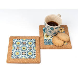 SQUARE CORK & PRINT COASTER-Oceanic “blue fin” coasters.