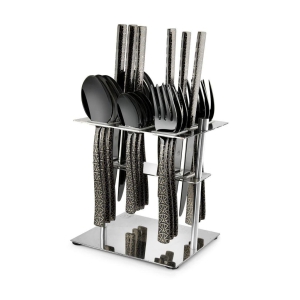 FnS Phoenix Black 25 Pc Cutlery Set with Hanging Stand (6 Dinner Spoon, 6 Dinner Fork, 6 Dinner Knife/Butter Knife, 6 Teaspoon and 1 Cutlery Stand)