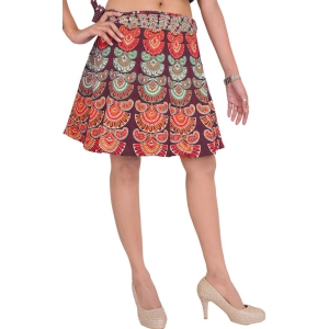 Windsor-Wine Sanganeri Wrap-Around Mini-Skirt with Printed Motifs