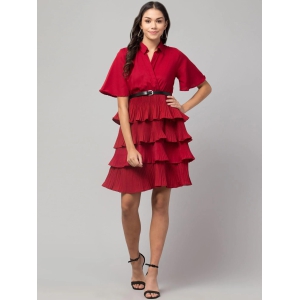 Oceanista Women's Crepe Solid Shirt Collar Flared Red Short Dress-S