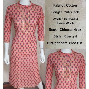 Stylish Printed With Lace Work Straight Cotton Light Orange Kurta-2XL