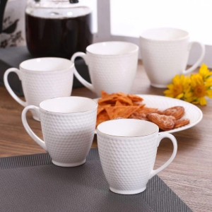 Clay Craft Ceramic Omega Impression Gold Line 200 ML Coffee & Tea Mugs | White | Set of 6 Pcs