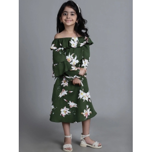 MINI & MING Girls Floral Printed Off Shoulder Bell Sleeves Crepe Fit & Flare Midi Dress