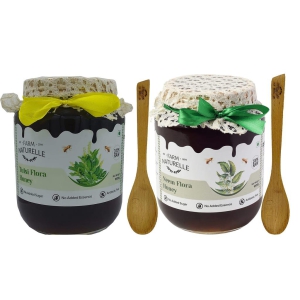 Farm Naturelle -Raw Natural Unprocessed 100% Pure Forest Flower Honey with Huge Medicinal Value. (Neem + Tulsi )(850gm+150gm Extra+Wooden Spoons.) x 2 Sets.