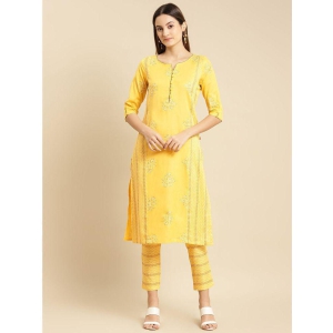 Rangita Women Yellow Buta Printed Calf Length Straight Kurta With Pants Set - None