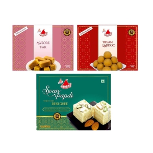 Bambino Combo Pack of Desi Ghee Soan Papdi I Besan Ladoo I Mysorepak Each 200 Gms X Pack of 3