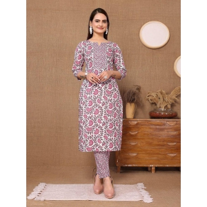 Rangita Women Cotton Pink Floral Printed Calf Length Straight Kurti With Pants - None