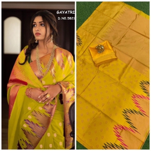 J J ENTERPRISES Kanjivaram Kanchipuram Soft Silk Saree copper zari With Jacquard Blouse Piece for women - Yellow - Yellow