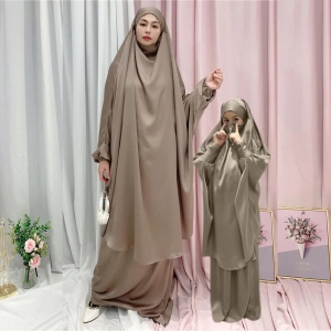 Mother and Daughter Matching Knee Length Jilbab Abaya with Skirt Dark Beige with Noise PC-XXXL Adult/Mother / XS Extra Small Toddler 1-2 years / Dark Beige