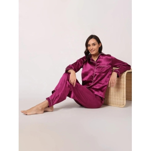 GOCHIKKO Womens Satin Plain Color Night Suit Set of Shirt & Pyjama Pack of 1(PURPLE)-S