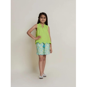 Samantha Sleeveless Flower Embroided Cotton Slub Girls Top - Green-12-13Y