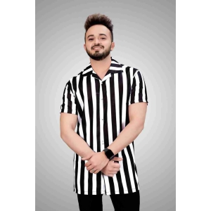 Black and White Lycra Printed Men's Shirt, Half sleeves striped men shirt-L