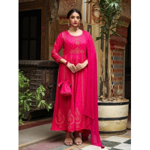 Nehamta Pink Color Rayon Slub Anarkali Women's Kurta Trouser Dupatta & Fancy Potli Set-M / Pink