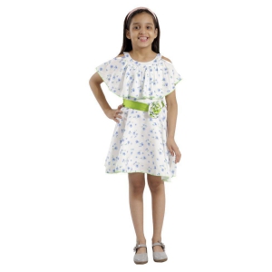 Kids Cave cut-out dress for girls fit and flare belted with flower fabric rayon floral print (Color_White, Size_3 Years to 12 Years) - None