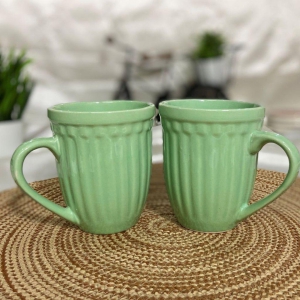 Ceramic Dining Matte Mint Green Linear Coffee Mugs Set of 2