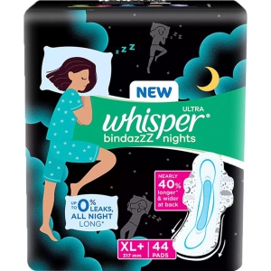 Whisper Bindazzz Night Sanitary Pads,Pack of 44 thin Pads XL+,upto 0% Leaks ALL NIGHT LONG