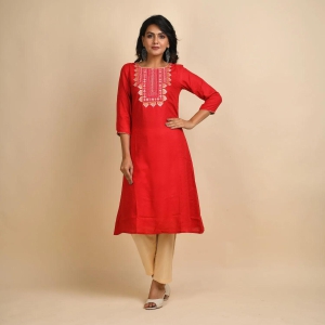 RangDeep Women Rayon Red Embroidered Straight Kurti-Large