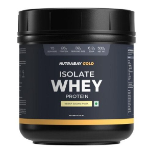 Nutrabay Gold Whey Protein Isolate Powder - 500g, Kesar Badam Pista | 26g Protein, 6.2g BCAA | Easy to Digest | NABL Lab Tested | Muscle Growth & Recovery | Rich in Glutamic Acid | For Men & Women