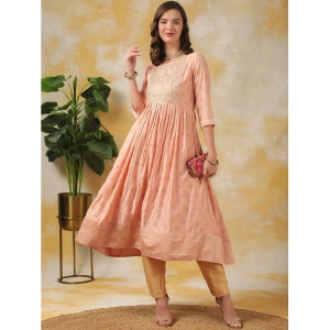 Rangita Women Peach Silk Embroidered Calf Length Anarkali Kurti - None