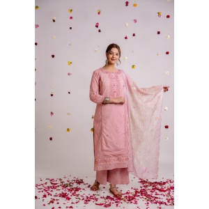 Women's Pink Cotton Kurta Palazzoand Dupatta Set-M / Pink