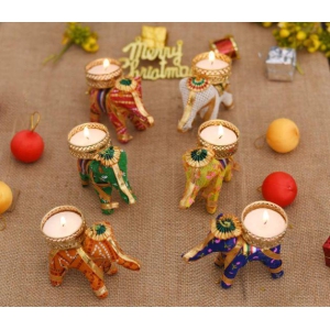 Elephant Tealight Holders with Candles (Pack of 6)-Free Size