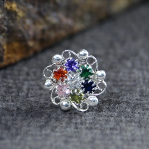 Cute Floral Real Sterling Silver Multi CZ Women Nose Stud Push Pin-Silver