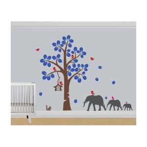 Asmi Collection Tree Elephant Birds Squirrel Wall Sticker ( 135 x 140 cms )