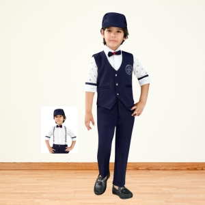 Navy Blue and White Lycra Full Sleeves Party Suit With Suspender, Hat and Bow-0 (6 months - 1 year)