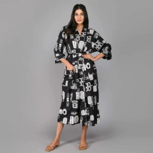 Abstract Pattern Kimono Robe Long Bathrobe For Women (Black)