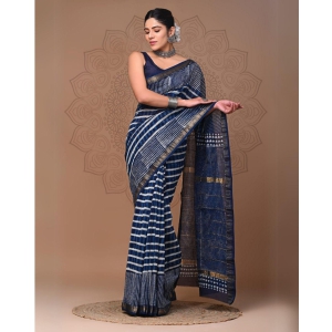 Impressive Maheshwari Pure Silk Blue Saree Blockprint