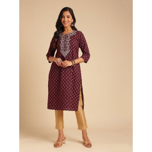 Rangita Women Cotton Maroon Embroidered Calf Length Straight Kurti - None