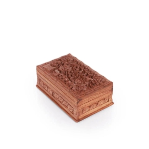 Floral Engraved Walnut Wood Jewelry Box with Compartments