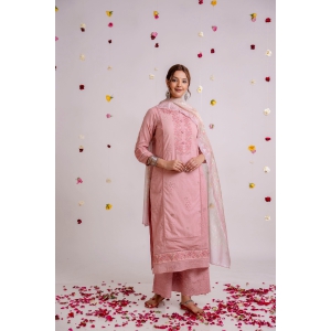 Women's Pink Cotton Kurta Palazzoand Dupatta Set-M / Pink