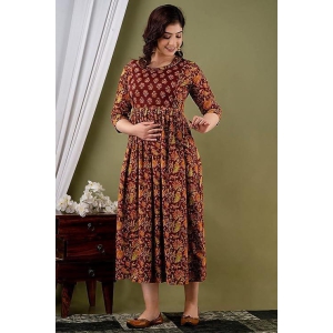 KASHVI Creation Women's Cotton Floral Printed Anarkali Maternity Feeding Kurta ( Brown)