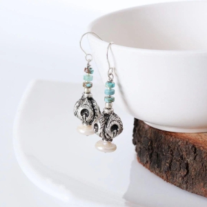 Silver Carved Bead Earrings