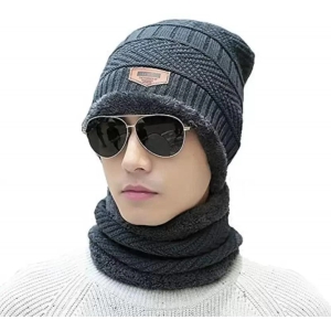 Glammore Women?s and Men?s Woollen Beanie Cap with Neck Warmer. Knitted Cap with Fur Lining-Men?s Woolen Cap with Neck Muffler -Grey