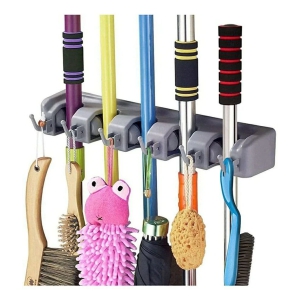 KP Mart ABS Plastic Multipurpose Wall Mounted Magic Holder 5 Slot Broom Holder and Mop Organizer Storage 5 Position 6 Hooks for Kitchen Garden(Multicolor) - Multicolor