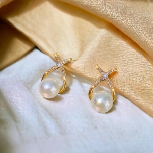 Korean Diamond Studded Cross Pearl Stud Earrings