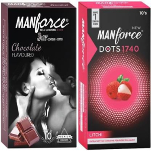 MANFORCE Chocolate flavor condom - 10 Pieces & Extra Dotted Litchi Flavoured Condoms - 10 Pieces Condom (Set of 2 20 Sheets)