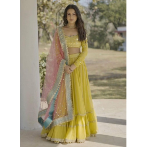 Haldi Function Ruffle Style Yellow Georgette Lehenga Choli