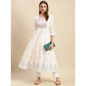 Rangita Women Cotton Textured Off White Yoke Embroidered Printed Calf Length Anarkali Kurti - None