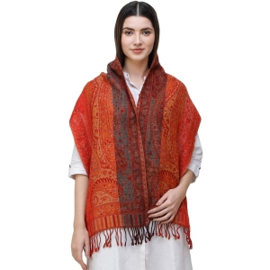 Mars-Red Reversible Jamawar Scarf from Amritsar with Woven Paisleys