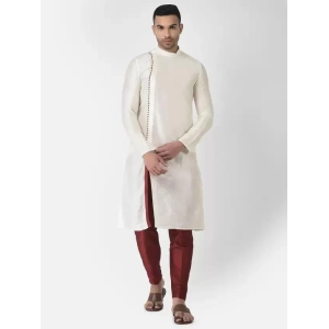 AHBABI Mens Solid Slit Style Dupion Silk Kurta Pyjama Set Off White-Red-S